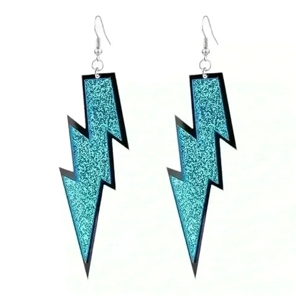 80s Retro Neon Blue Glittery Lightning Earrings, Party  Cosplay Festival Jewelry - Picture 1 of 9